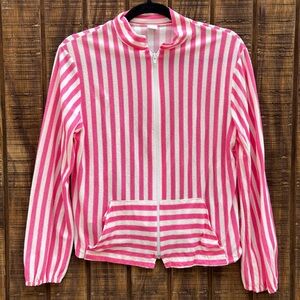 Vintage Retro Pink & White Striped Zip Up Lightweight Jacket